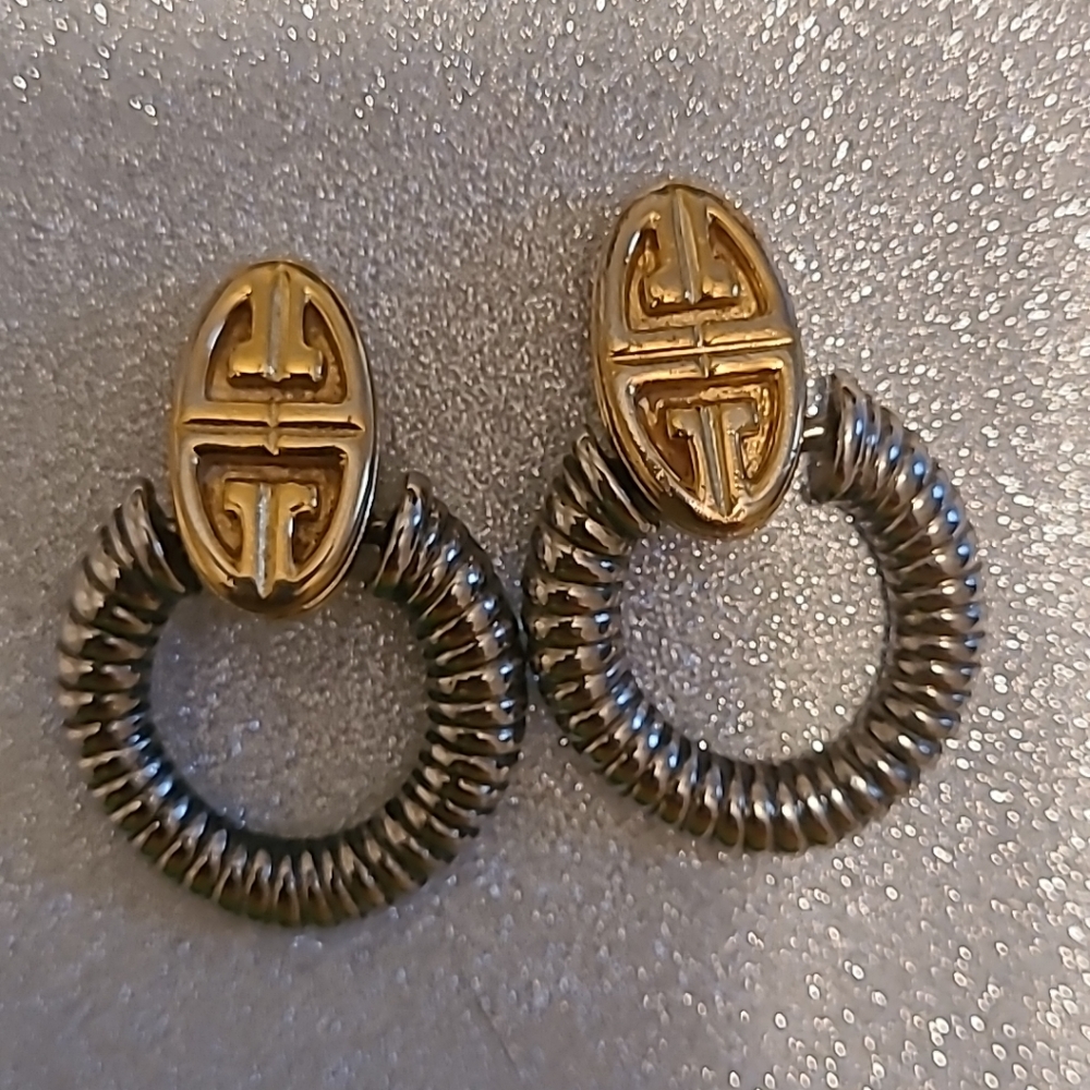 Givenchy 1980 Vintage Door Knocker Silver & Gold tone Clip Earrings, EUC